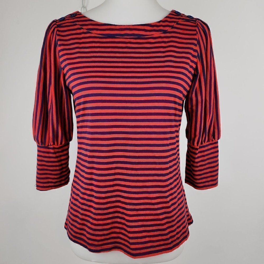 Studio Petite JPR Petite Red Navy Striped 3/4 Puff Sleeve Knit Top Womens SP
